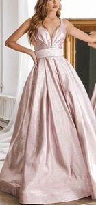 Metallic formal evening ball gown in magenta or blush pink